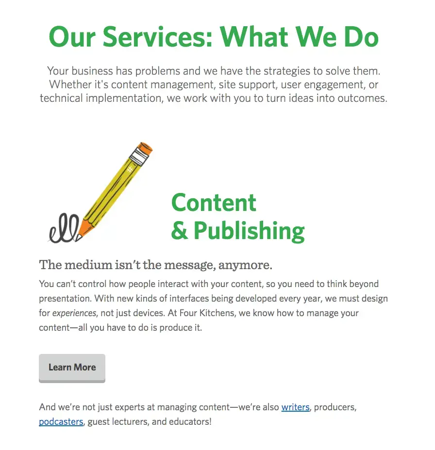 Screenshot: Four Kitchens services page