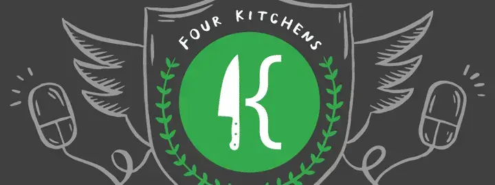 Four Kitchens logo, a chef's knife next to a large left curly bracket, making the shape of a K