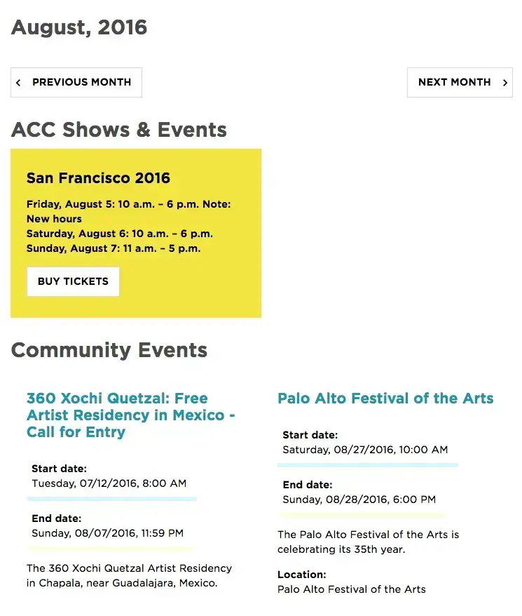American Craft Council screenshot of events calendar