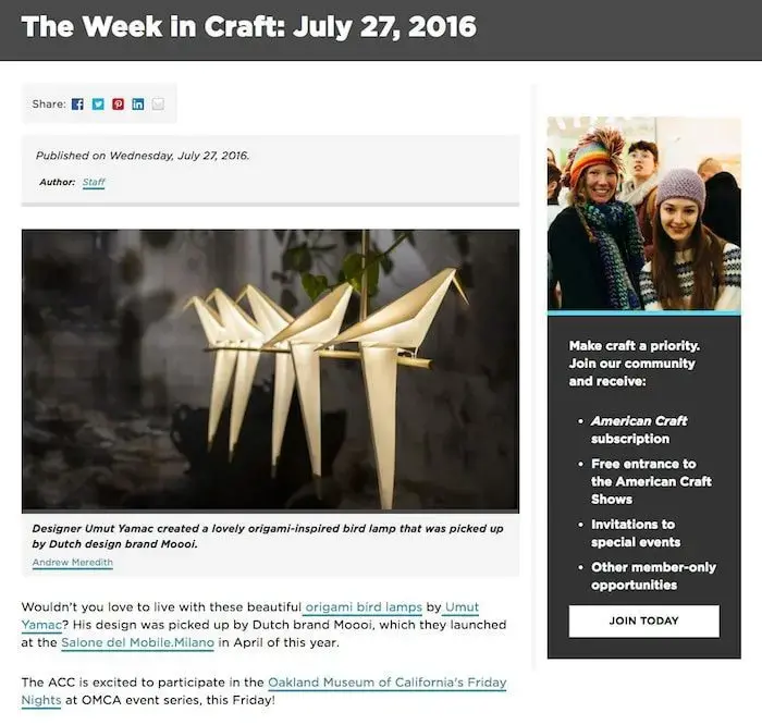 Screenshot of the American Craft Council website. On the left there is an article about a bird-shaped lamp. On the right, there is a small column of text about joining the American Craft Council.