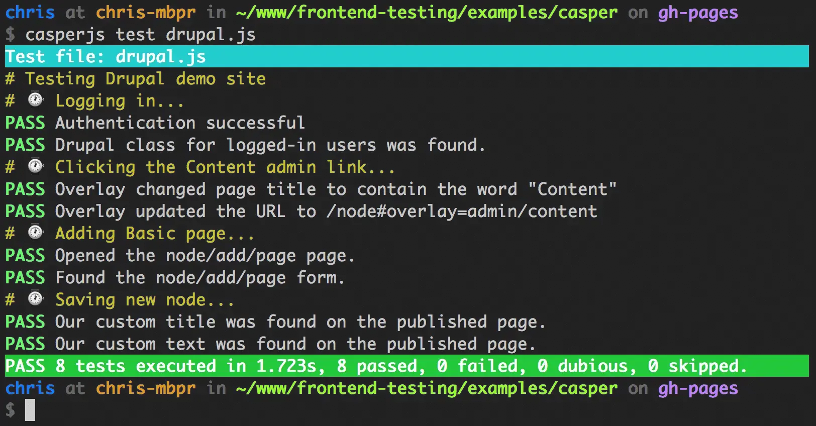 Screenshot of Casper JS output