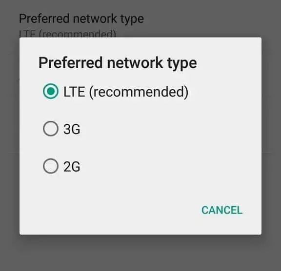 Screenshot of Android settings to control which cellular network is used.