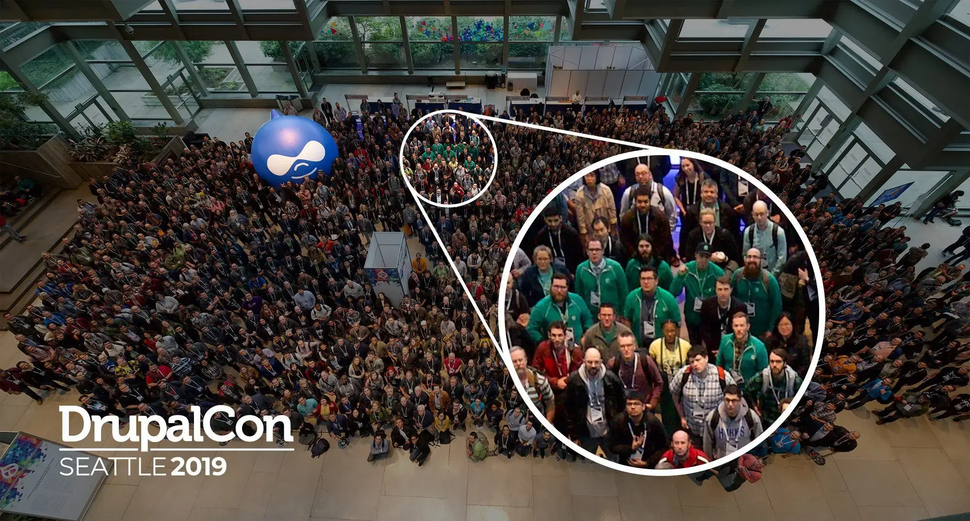 Overhead photo of DrupalCon Seattle attendees with the Web Chefs highlighted