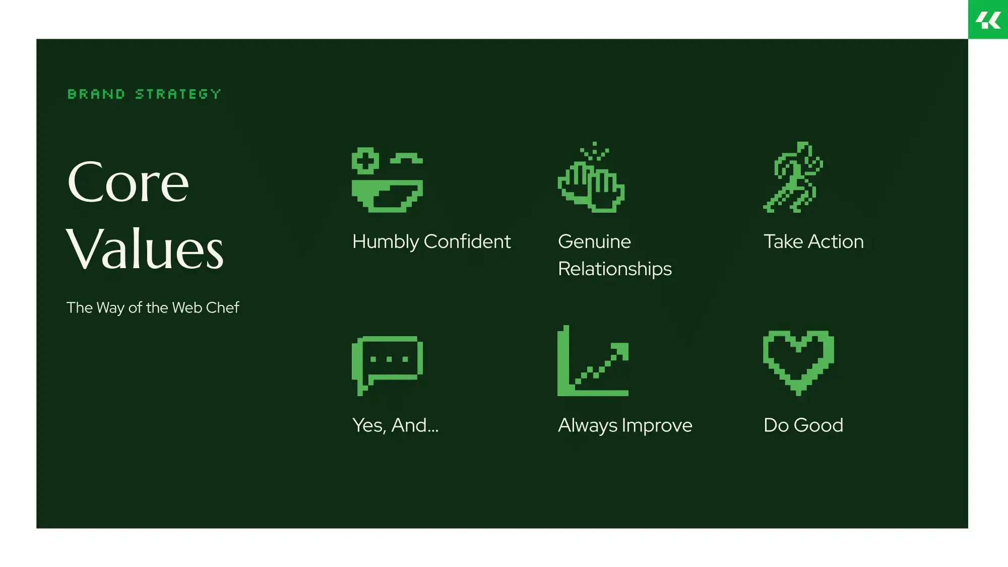 Graphic showing Four Kitchens' Core Values, also known as the Way of the Web Chef. They are: Humbly Confident, Genuine Relationships, Take Action, Yes And, Always Improve, and Do Good.