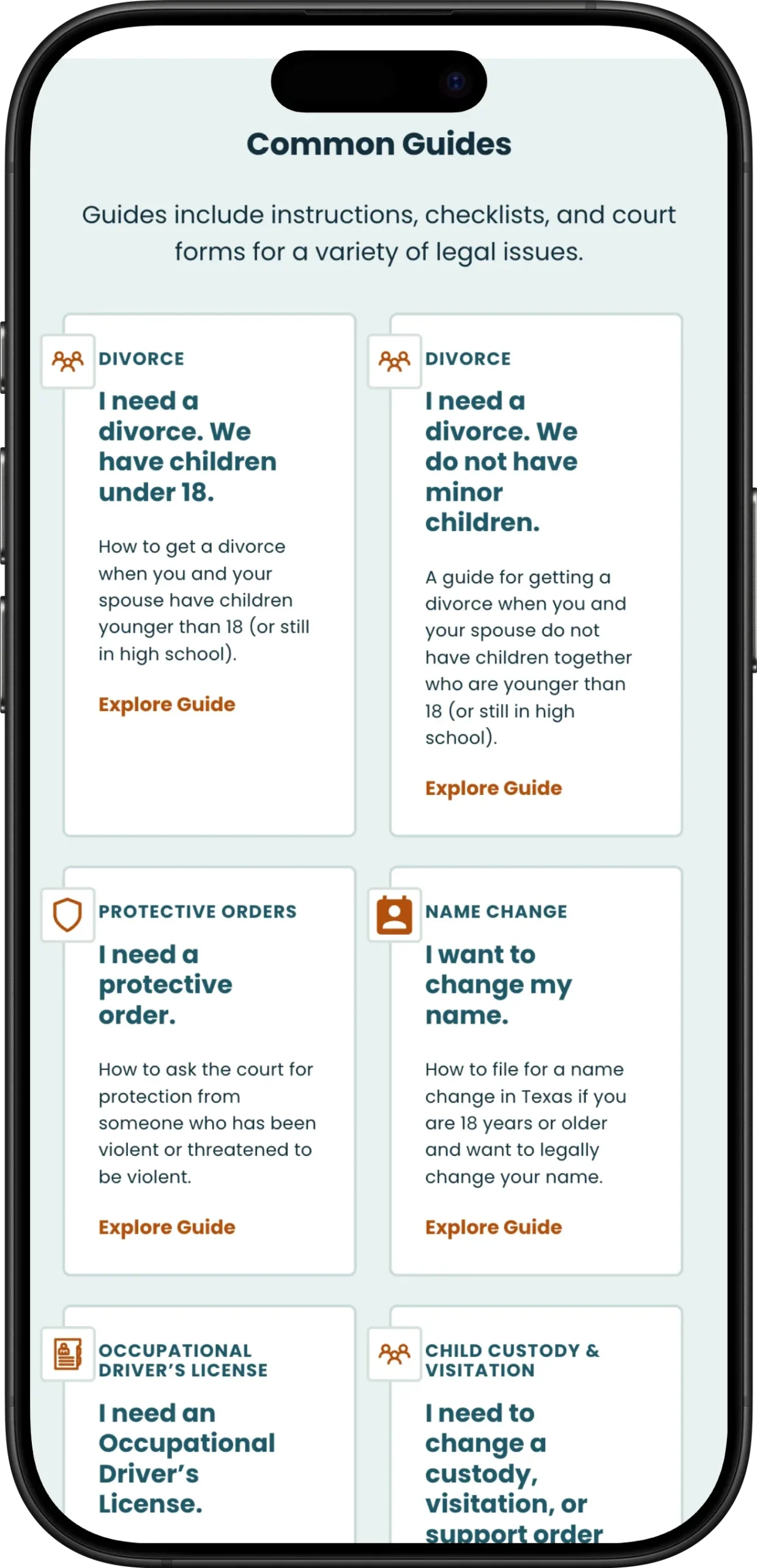 Screenshot of the 'Common Guides' section of the Texas Law Help website shown on a mobile device