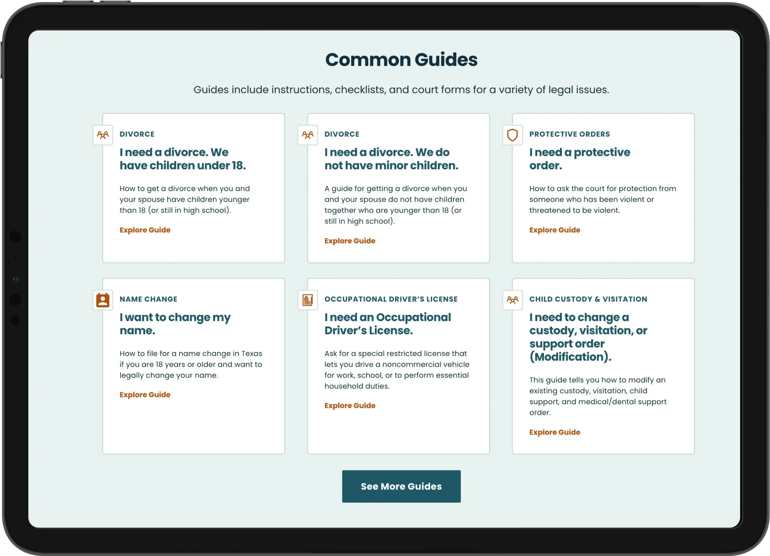 Screenshot of the 'Common Guides' section of the Texas Law Help website