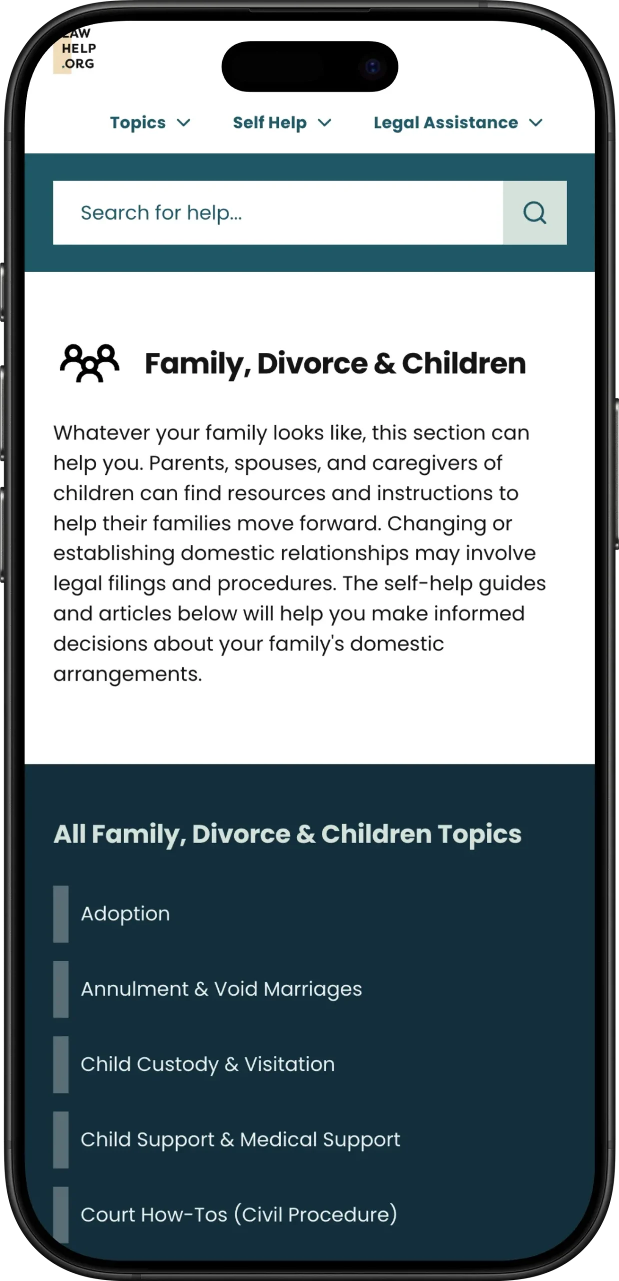 Screenshot of topic page from Texas Law Help website shown on a mobile device