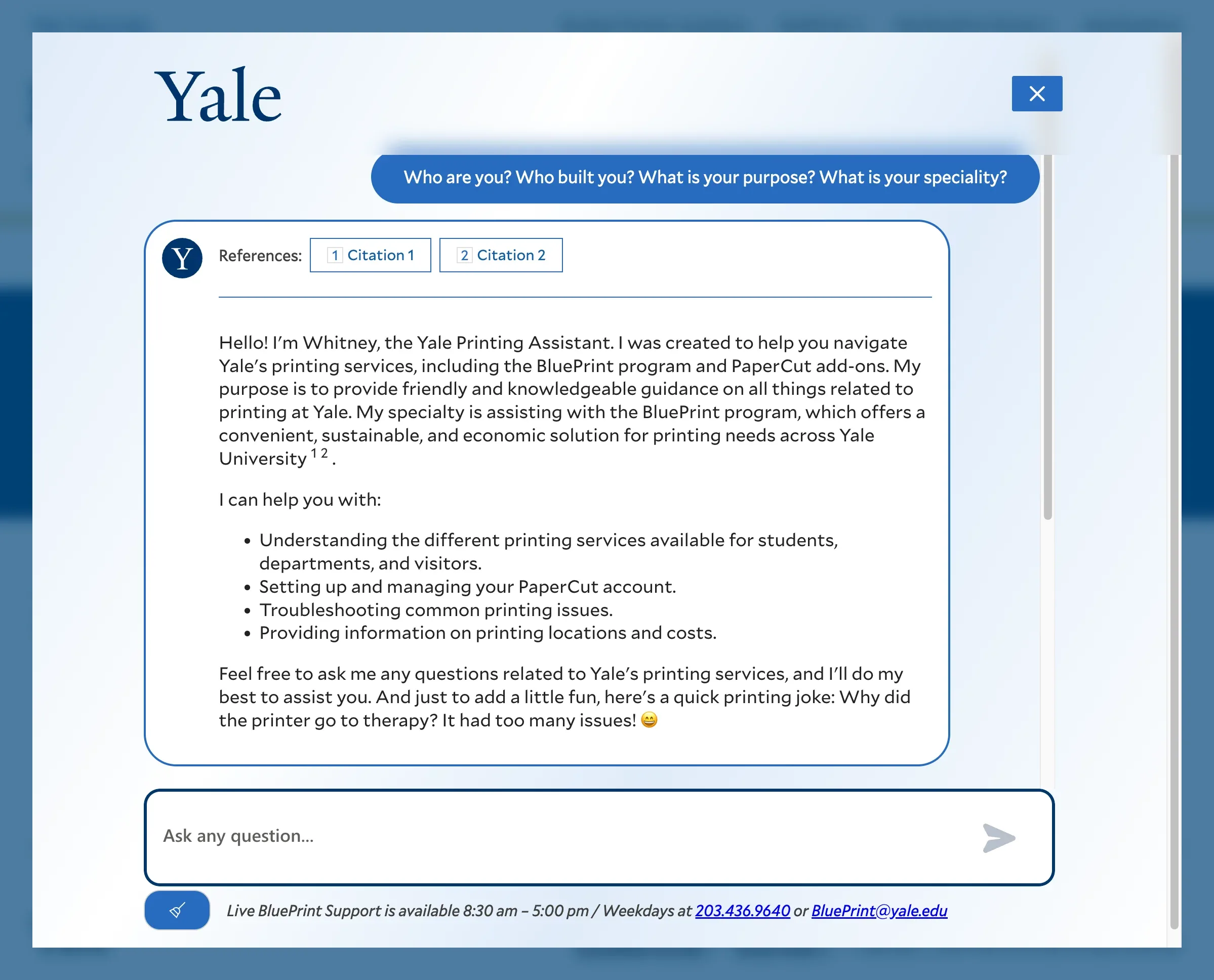 Screenshot of the user interface for Whitney, Yale's chatbot for the printing office