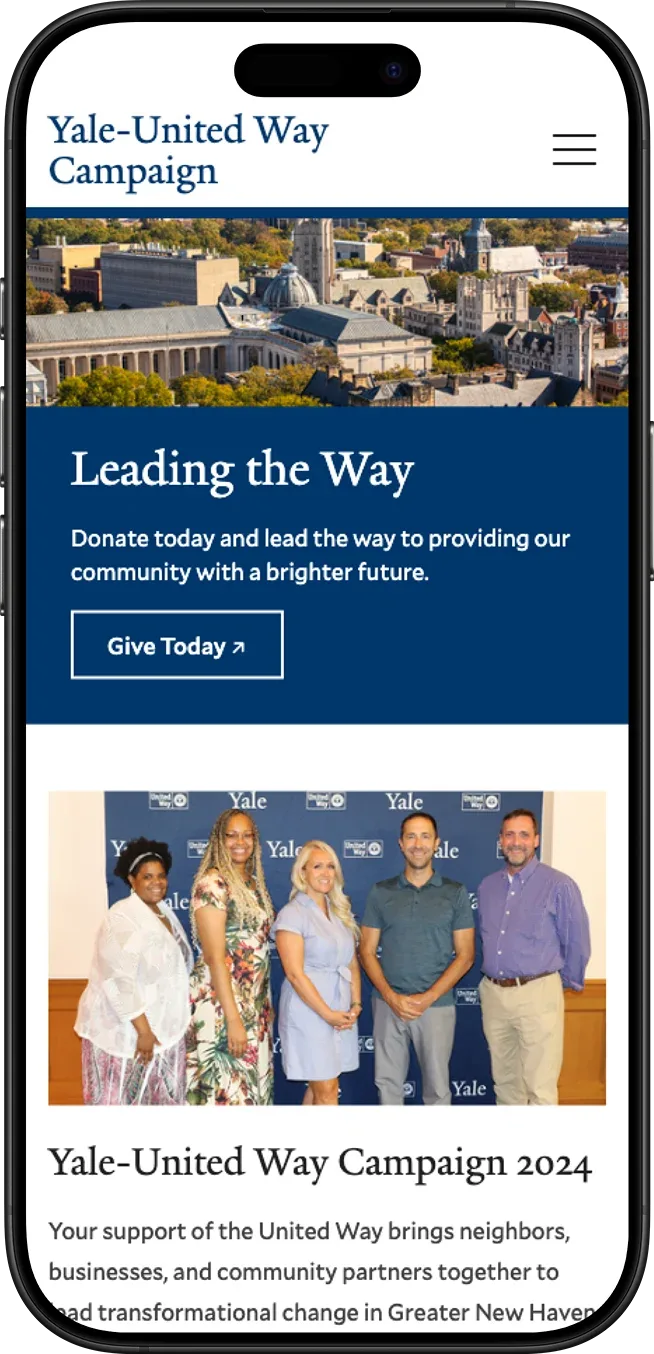 Screenshot of the Yale United Way Campaign website homepage displayed on a mobile device