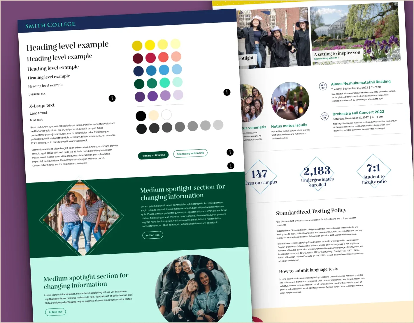 Collage displaying Smith College's website design system assets, such as heading stylings and color swatches