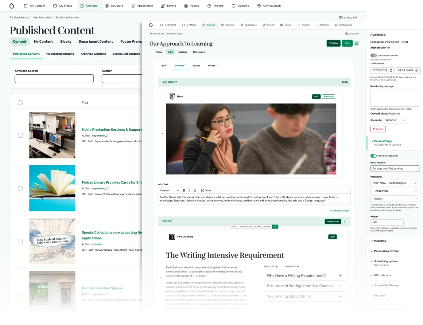 Collage of screenshots displaying Smith College's website editing interface