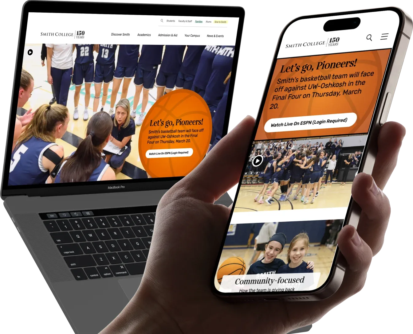 Collage displaying Smith College website's homepage on a laptop and mobile phone; the homepage celebrates the basketball team's upcoming Final Four game