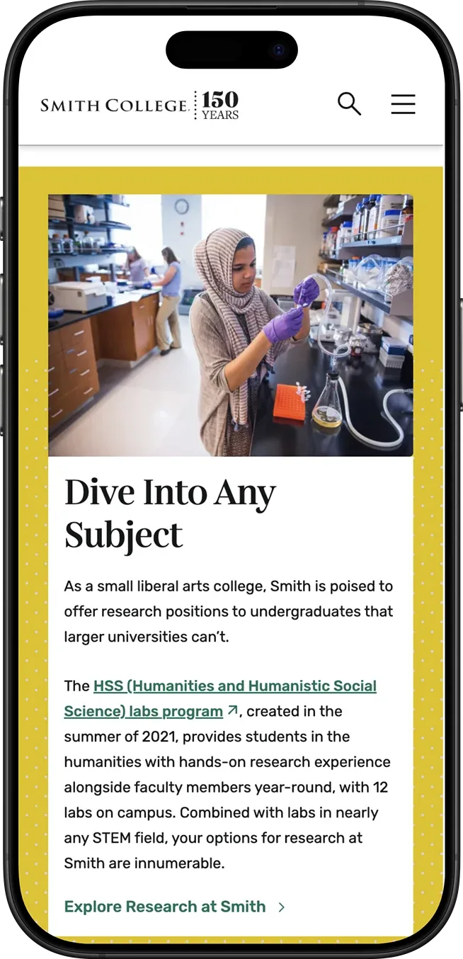 Smith College webpage displayed on a mobile device; the headline reads: Dive into any subject
