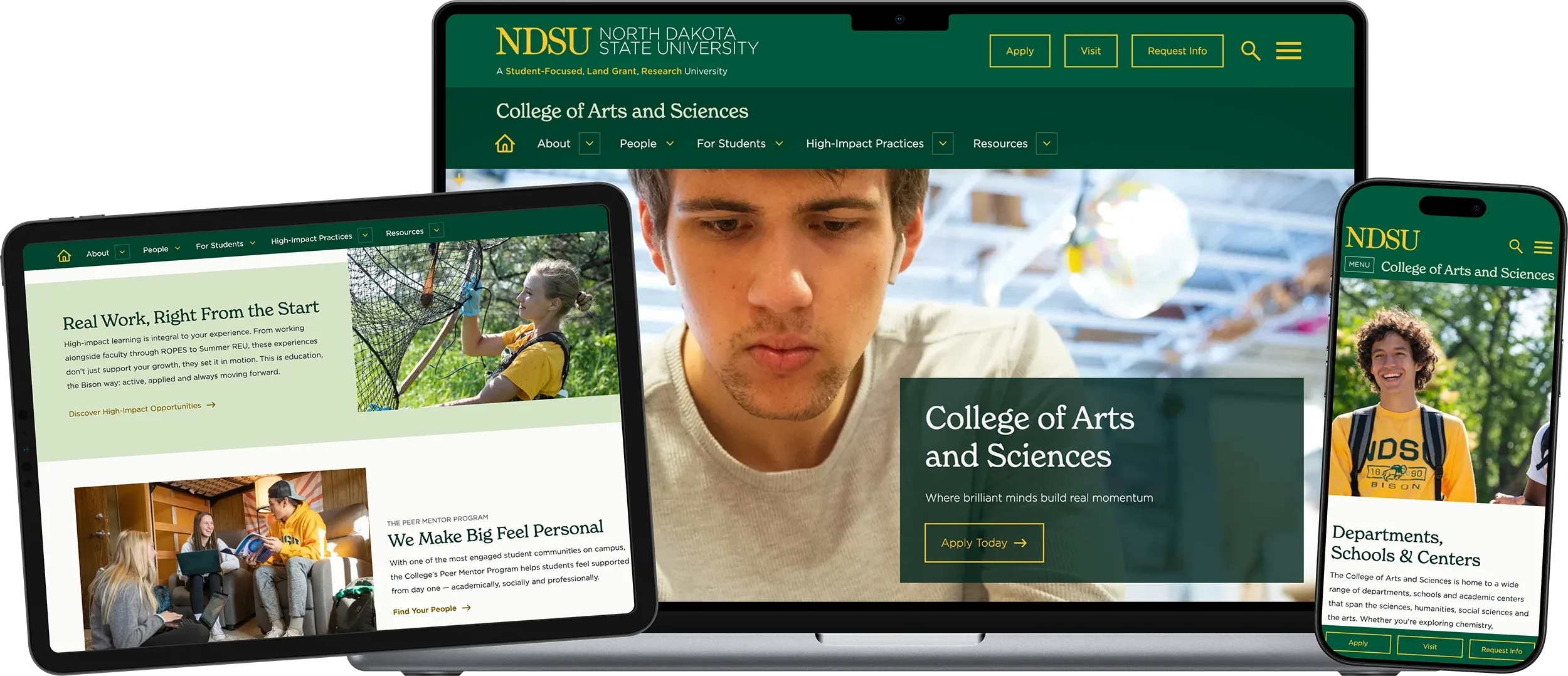 Screenshots of the NDSU website's Arts and Sciences page appear on three devices — an iPad, MacBook, and iPhone — in a collage format