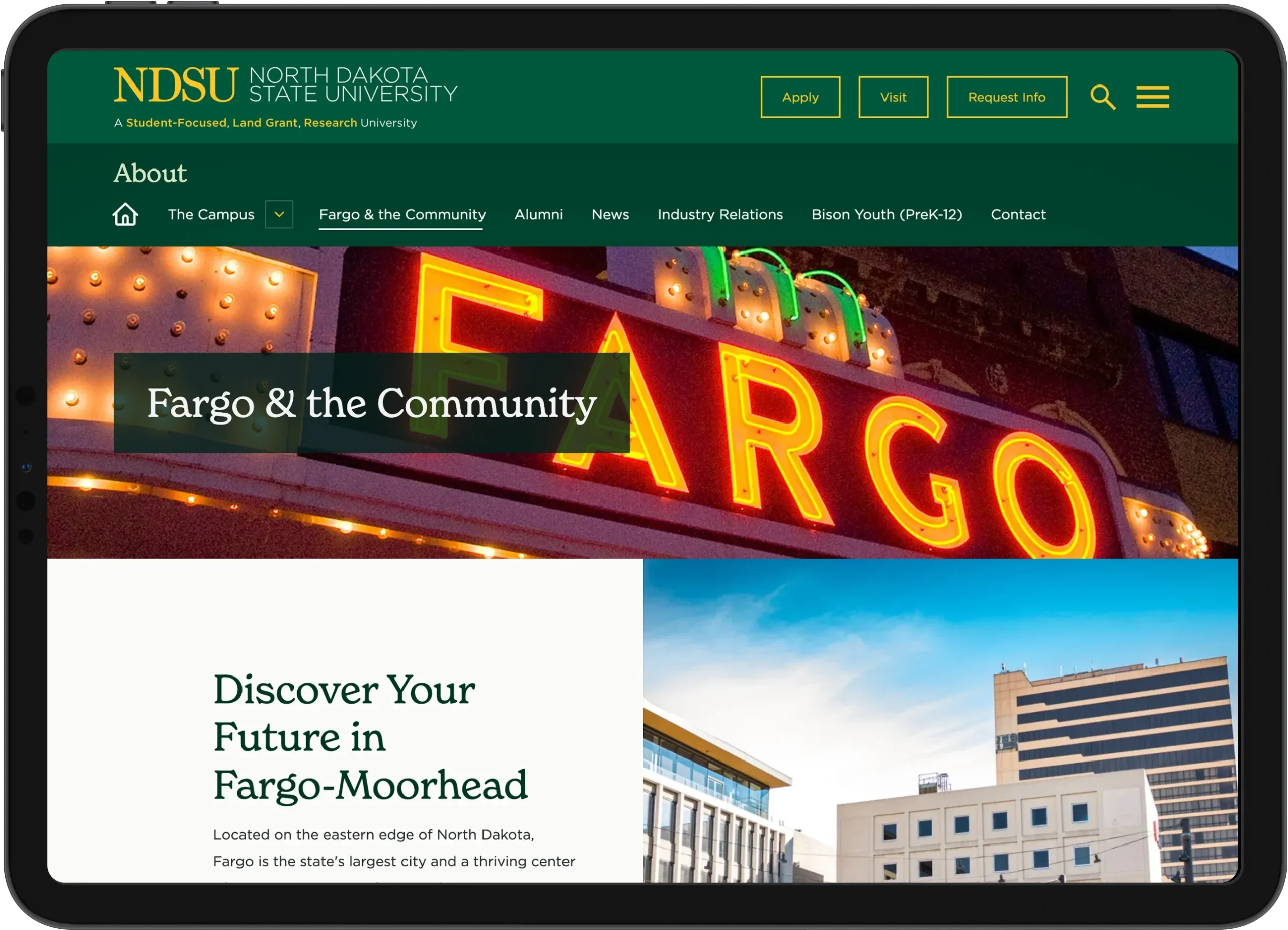 Screenshot of the NDSU website's 'Fargo & the Community' page displayed on an iPad