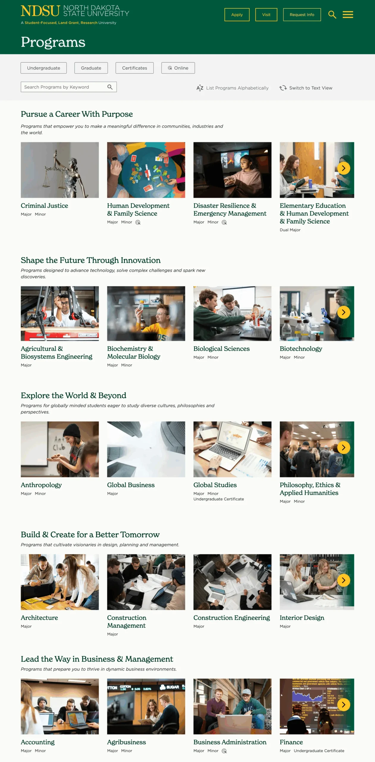 Screenshot of NDSU's Netflix-style program finder page with categories of programs such as 'Pursue a Career with Purpose' and 'Shape the Future Through Innovation'