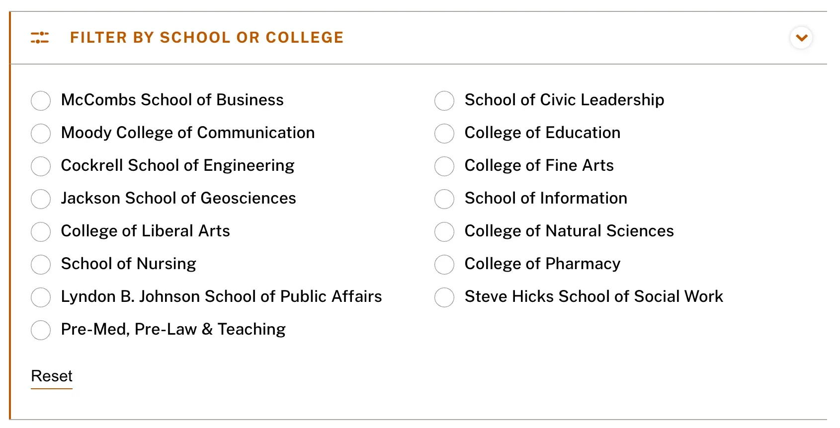 Screenshot of a webpage from the University of Texas at Austin's website showing a 'Filter by School or College' interface' listing each of the university's many schools and colleges