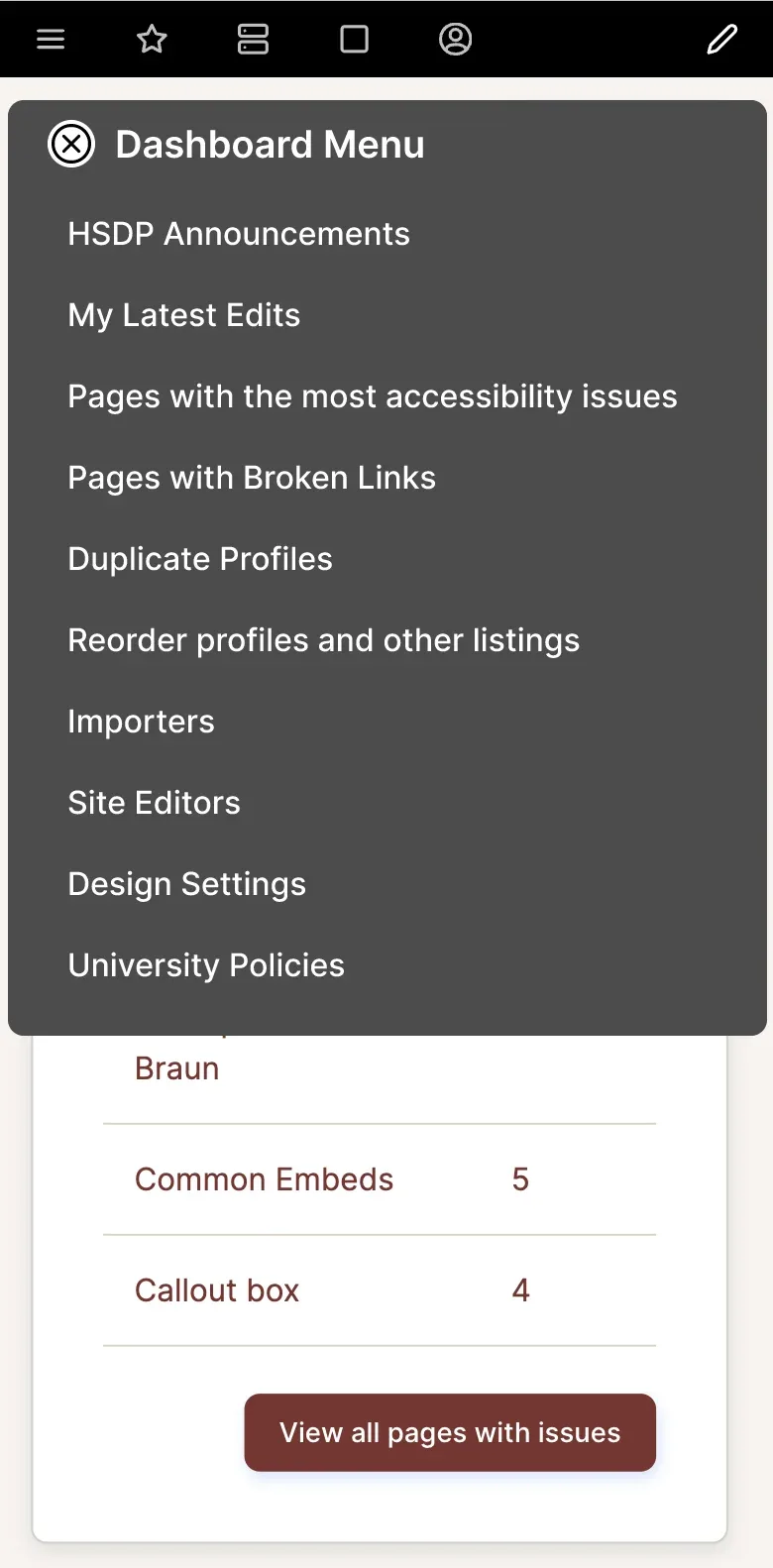 content dashboard menu